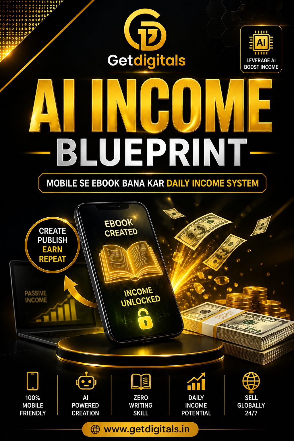 AI Income Blueprint — Mobile se Ebook Bana kar Daily Income System by GetDigitals.in