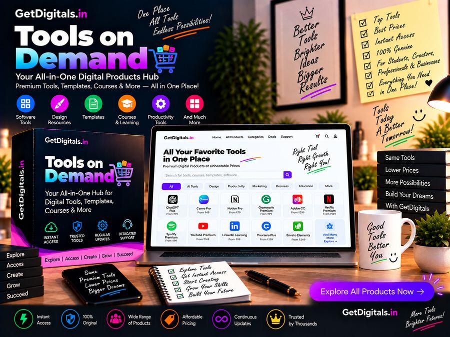 Tools on Demand — all-in-one digital products hub mockup by GetDigitals.in