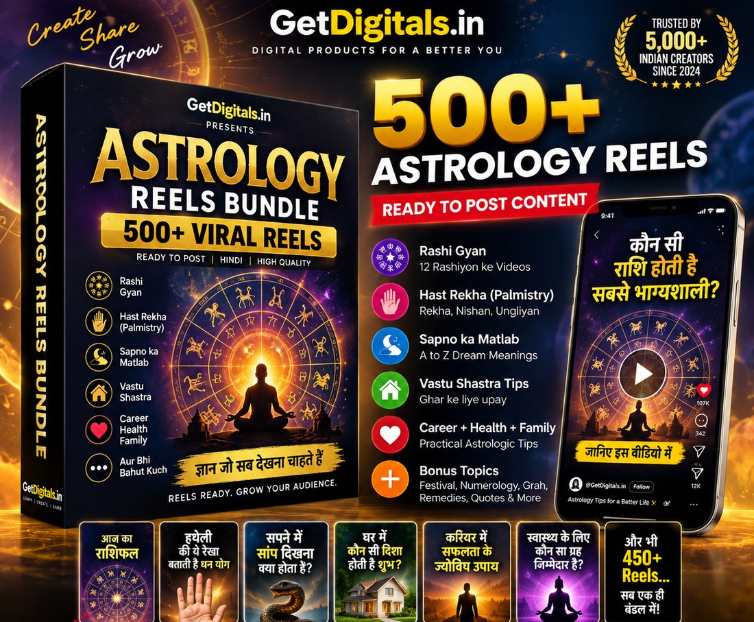 500+ Hindi Astrology Reels Bundle — Rashi Gyan, Hast Rekha, Sapno ka Matlab, Vastu Shastra, Career Health Family, Bonus Topics — GetDigitals.in