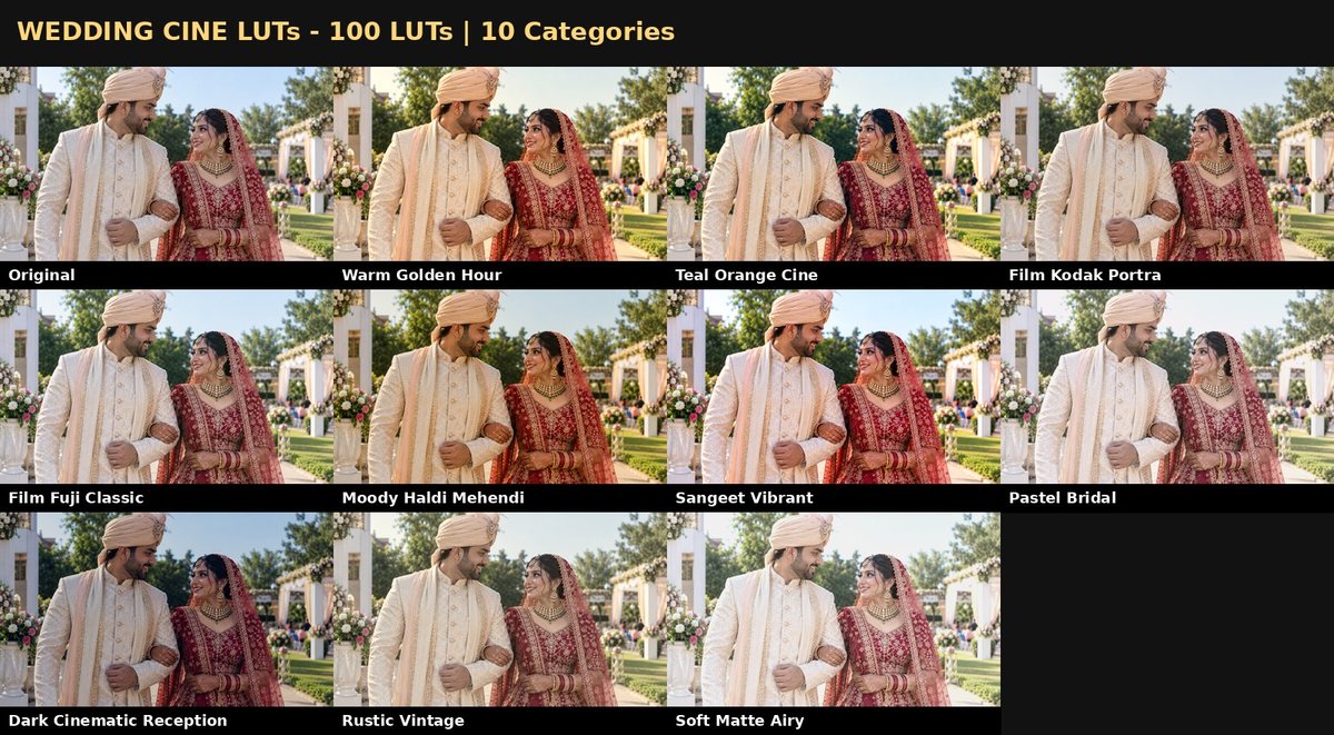 Vol.1 — 100 LUTs · Golden Hour, Teal & Orange, Kodak/Fuji Film, Sangeet, Pastel Bridal & more - original vs 10 cinematic looks on an Indian wedding couple photo