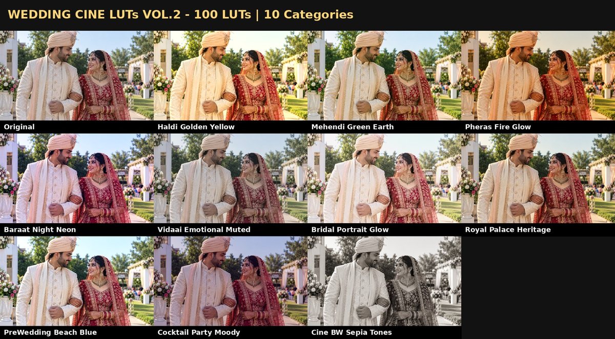 Vol.2 — 100 LUTs · Haldi, Mehendi, Pheras, Baraat Night, Vidaai, Bridal Portrait & more - original vs 10 cinematic looks on an Indian wedding couple photo